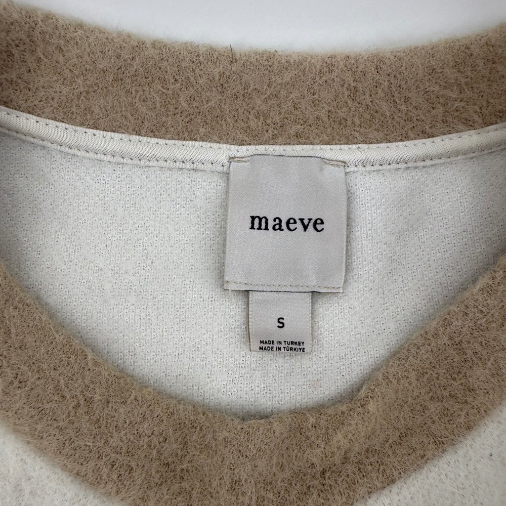 Maeve Anthropologie Cream Tan Fuzzy Eyelash Knit Crewneck Sweatshirt Small - Picture 7 of 9